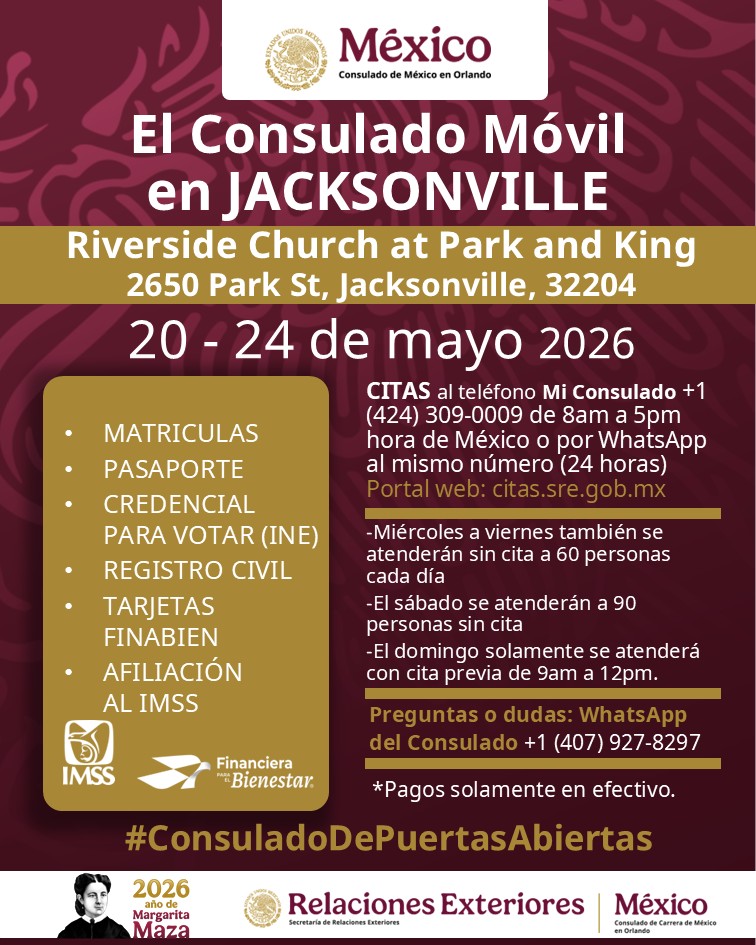 El Consulado de México en Orlando estará en JACKSONVILLE