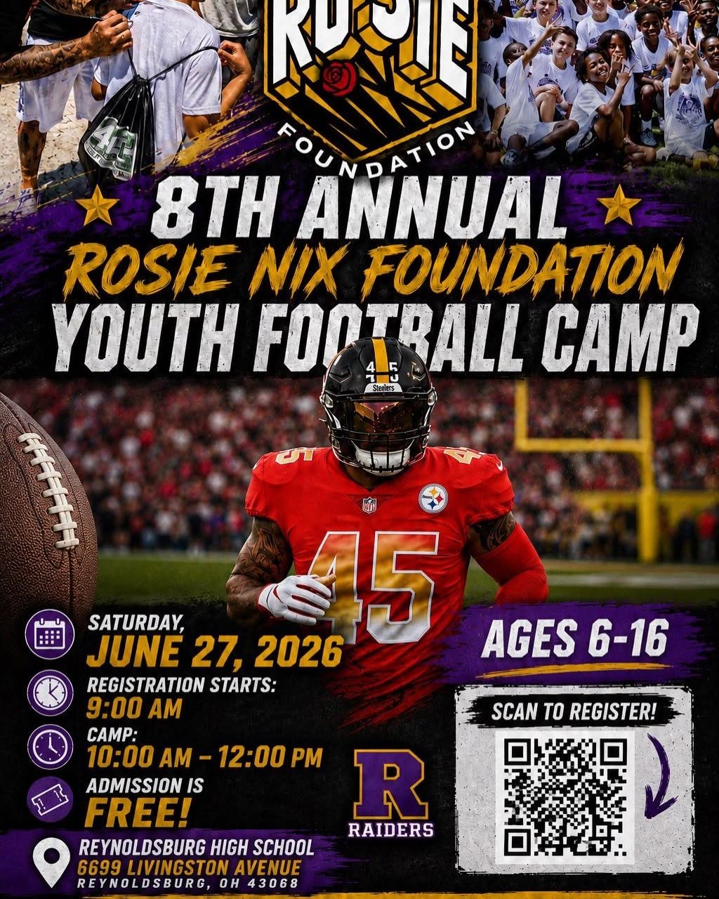 The Reynoldsburg Football Parent Association is hosting the 8th annual Rosie Nix Foundation Youth Soccer Camps this weekend!