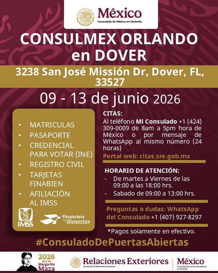 The Mexican Consulate in Orlando Will Be in DOVER from June 9 to 13, 2026