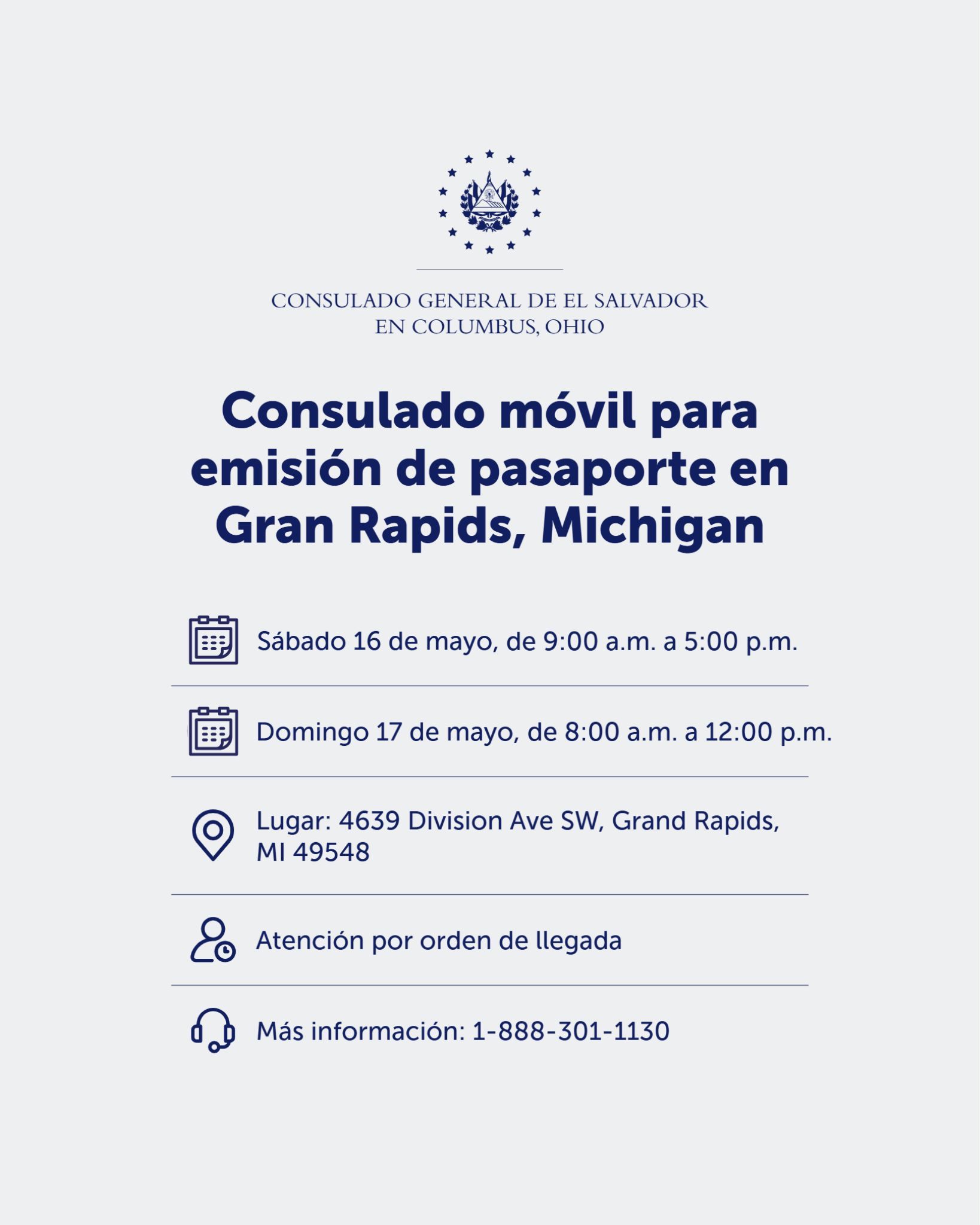 Consulados de El Salvador en Estados Unidos: Consulado móvil para emisión de pasaporte en Gran Rapids, Michigan