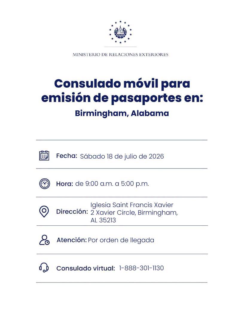 Consulate of El Salvador in the United States - MOBILE CONSULATE FOR PASSPORT ISSUANCE IN BIRMINGHAM - ALABAMA