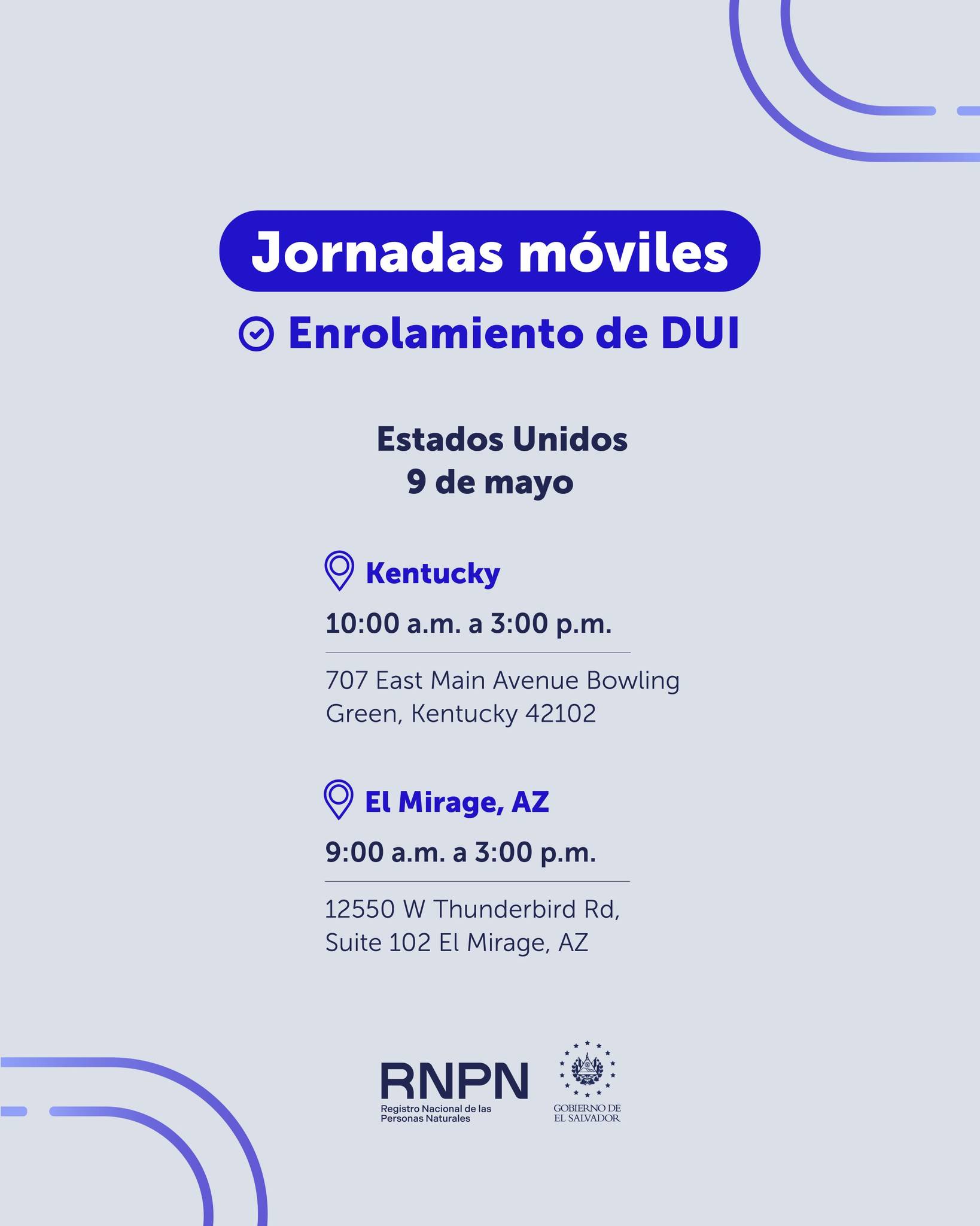 Consulados de El Salvador en Estados Unidos: Jornadas móviles — Enrolamiento de DUI