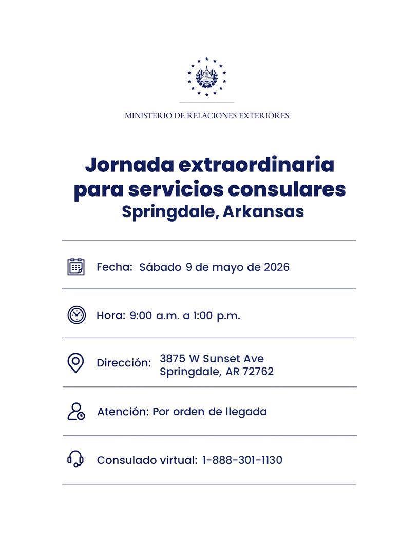 Jornada extraordinaria para servicios consulares (Springdale, Arkansas) Consulados de El Salvador en Estados Unidos