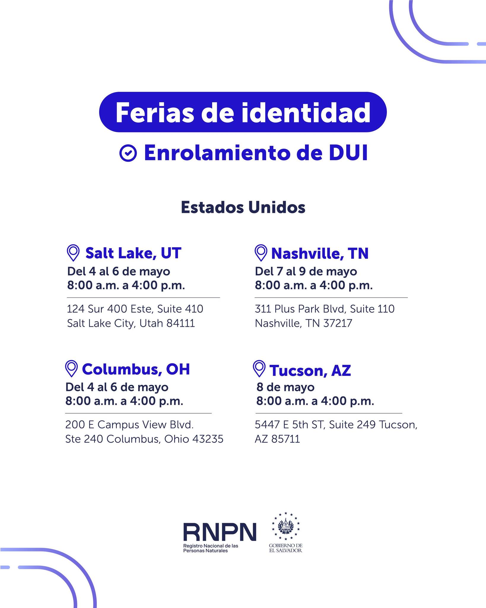 Consulado de El Salvador en Estados Unidos: Feria de identidad - Enrolamiento de DUI