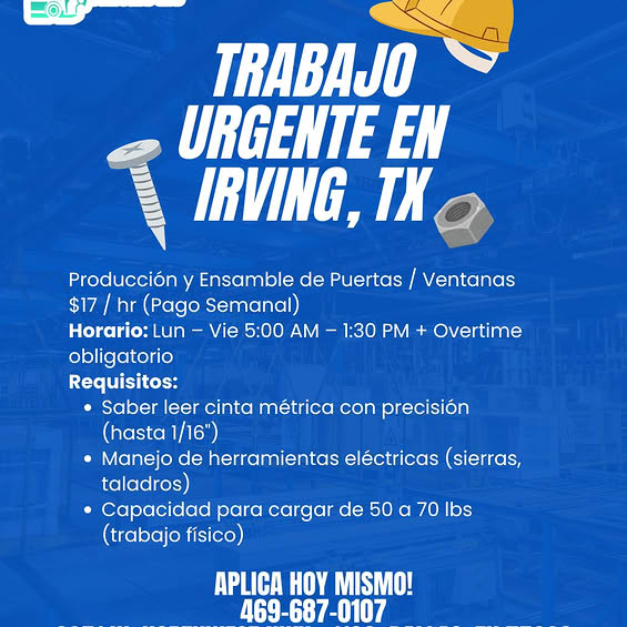 ¡CONTRATACIÓN INMEDIATA IRVING, TX!