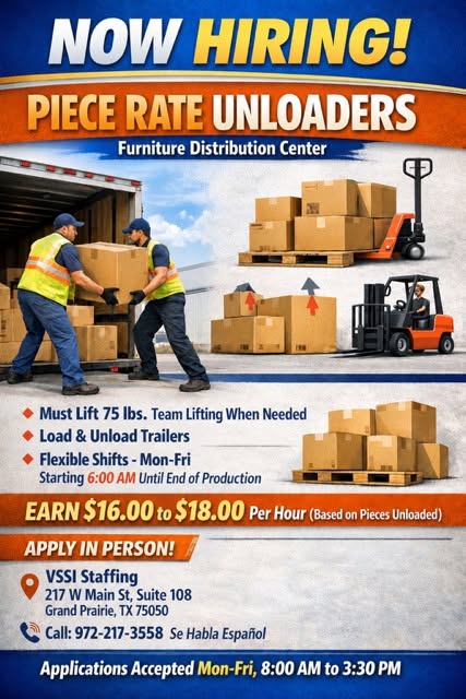 NOW HIRING: Piece Rate Unloaders!