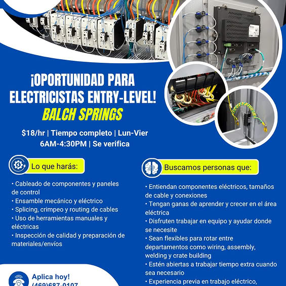 Bluecore Staffing esta contratando Técnicos Eléctricos Entry-Level!