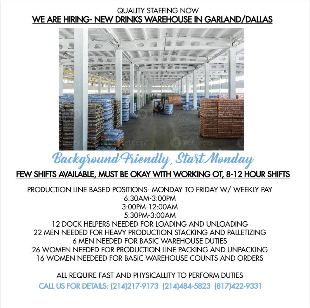 Oferta de empleo en almacén (Garland/Dallas) - Staffing