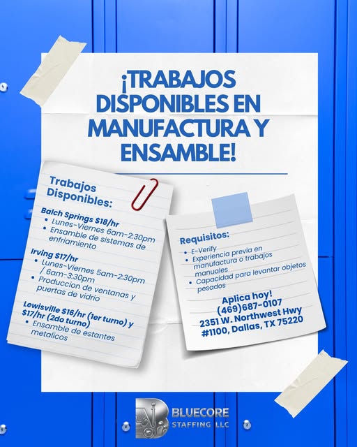 Trabajos disponibles en manufactura y ensamble
