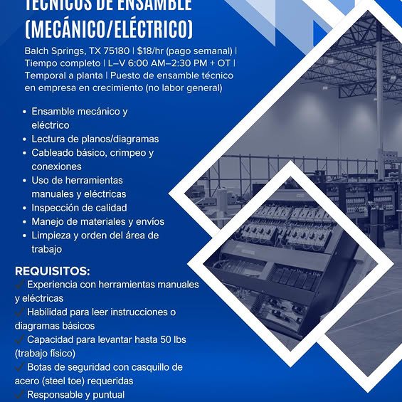 Técnico de Ensamble (Mecánico/Eléctrico)