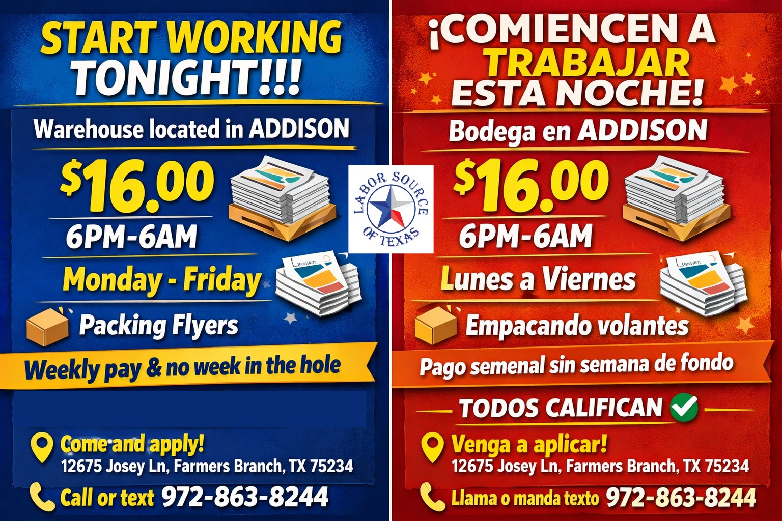Oferta de empleo en almacén (Packing Flyers) – $16.00/hr