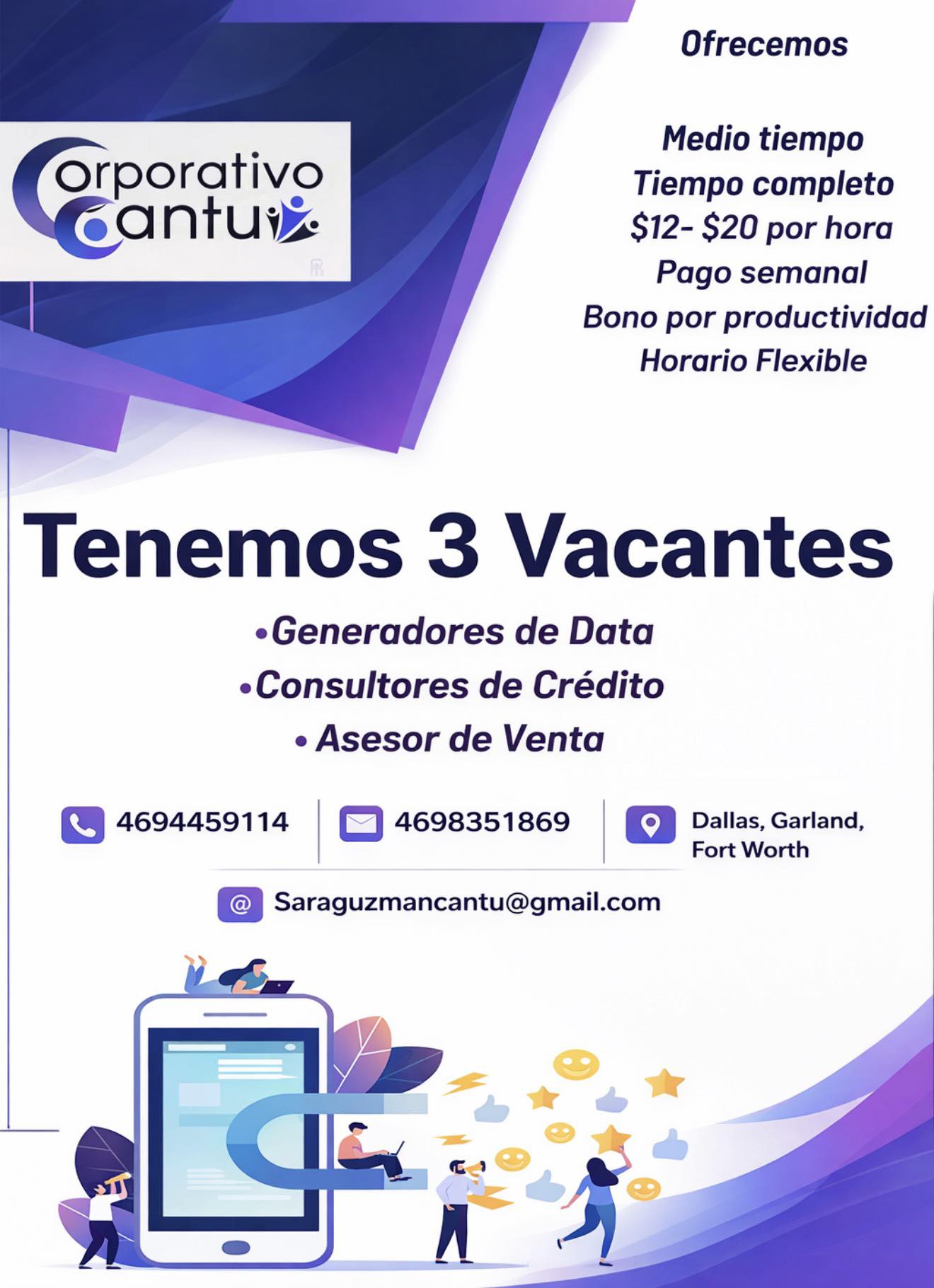Vacantes (3) – Generadores de Datos, Consultor de Crédito y Asesor de Ventas
