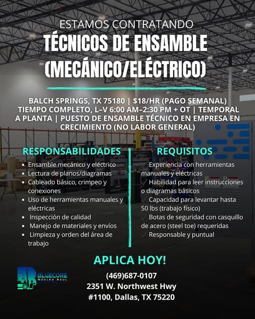 Se buscan Técnicos de Ensamble (Mecánico/Eléctrico)