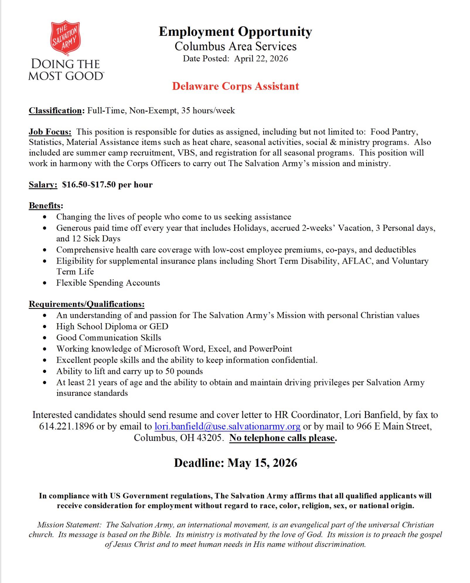 Puesto: Delaware Corps Assistant (The Salvation Army)