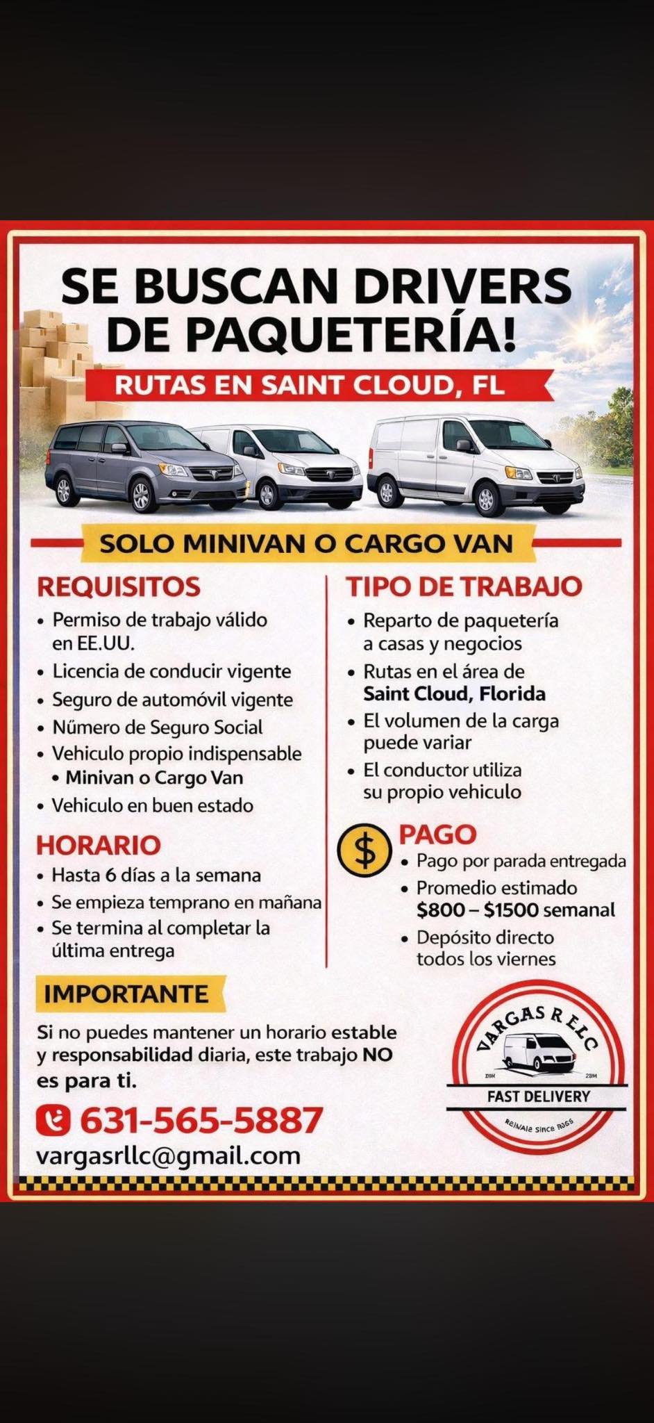 Se buscan conductores de paquetería (Minivan/Cargo Van) – Saint Cloud, FL