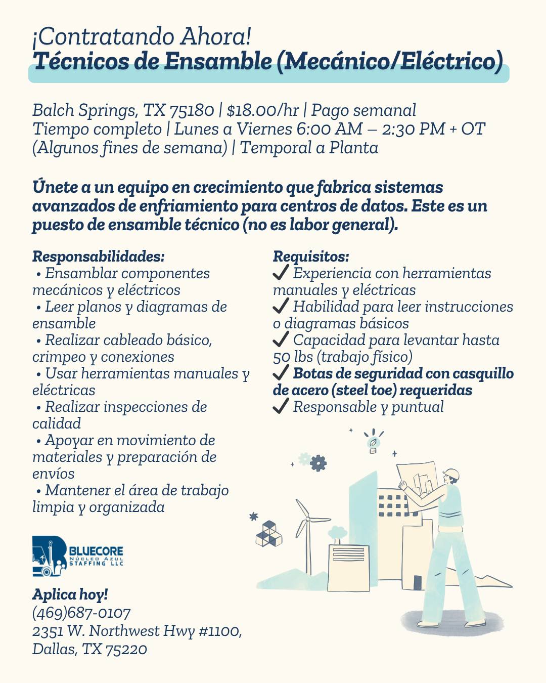 BlueCore Staffing LLC. Técnicos de Ensamble (Mecánico/Eléctrico) – $18/hr