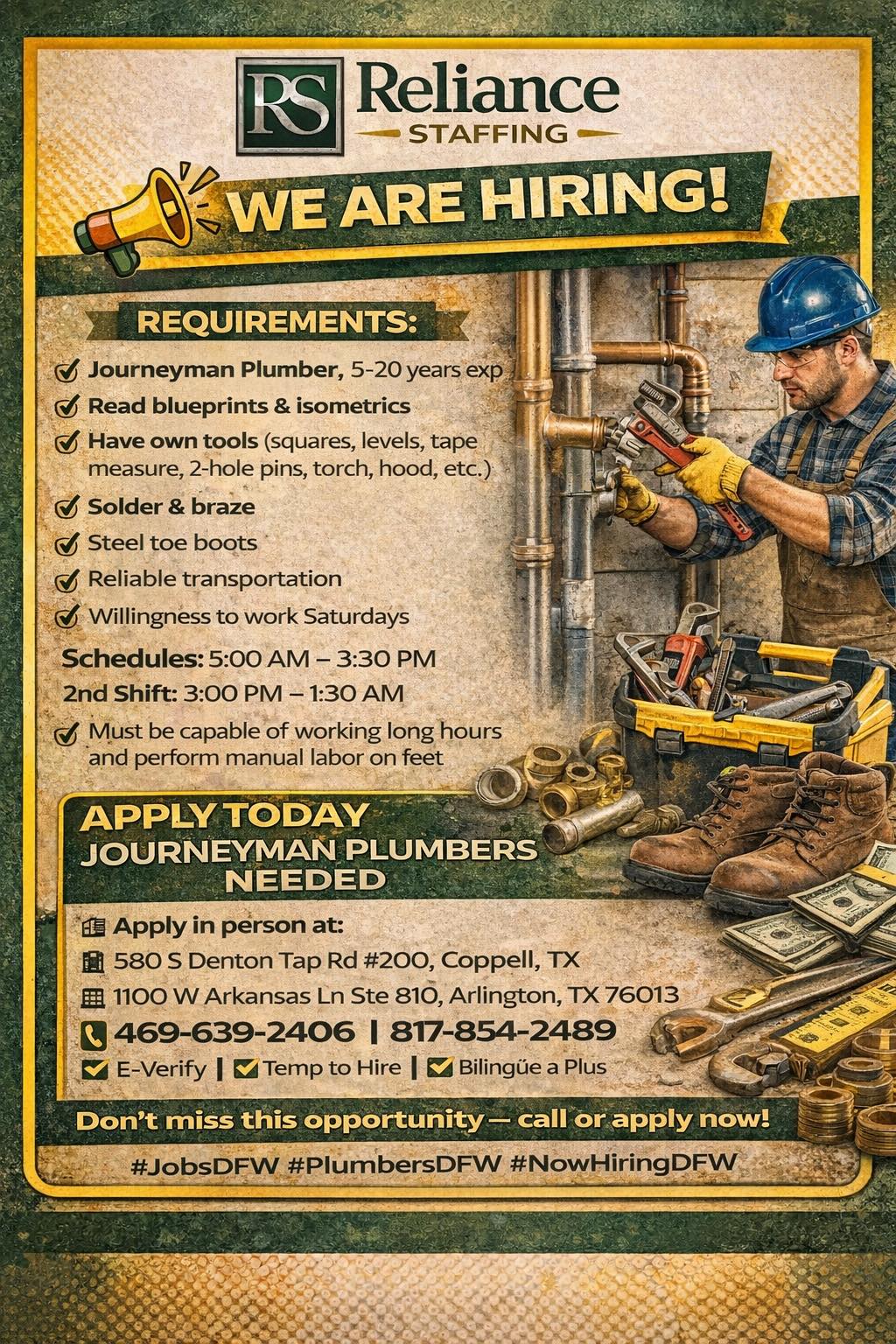 Se buscan Plomeros Journeyman (Turnos)