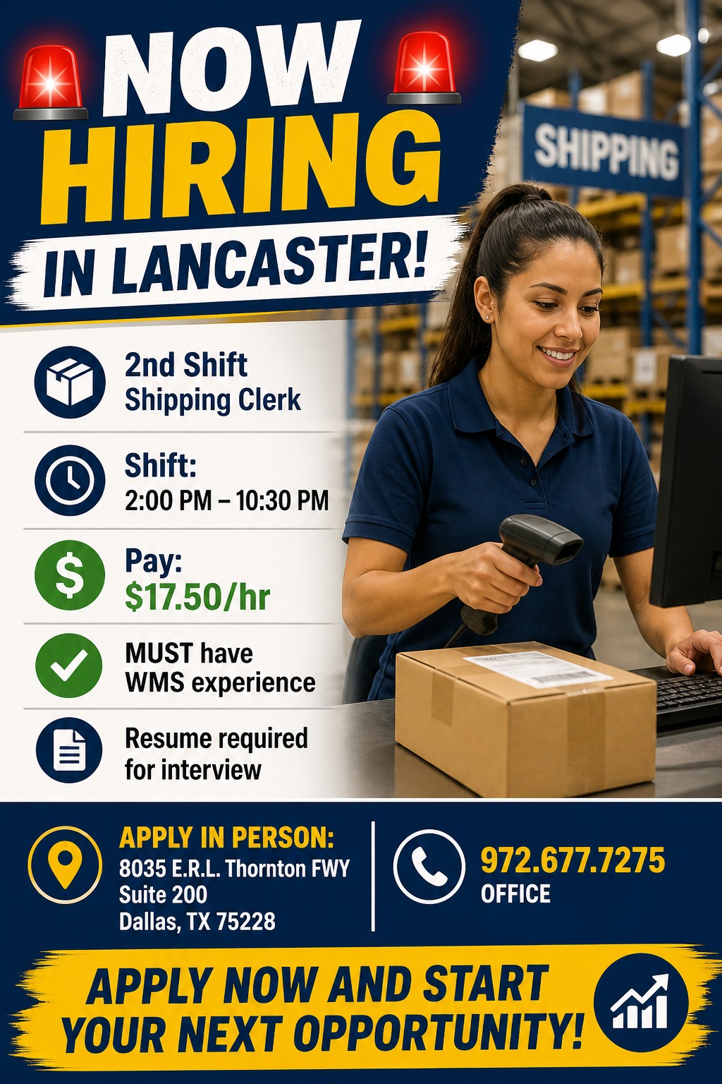 Empleo: Shipping Clerk 2do Turno en Lancaster, $17.50/hr