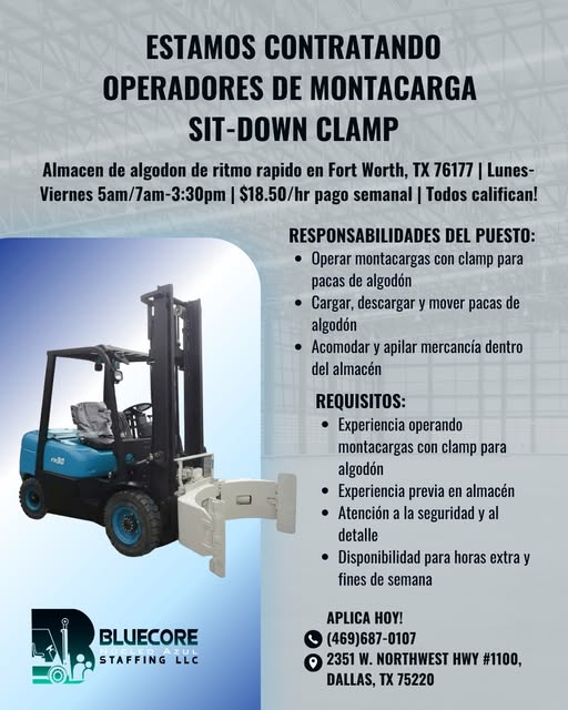 Se solicitan operadores de montacarga (sit-down clamp)