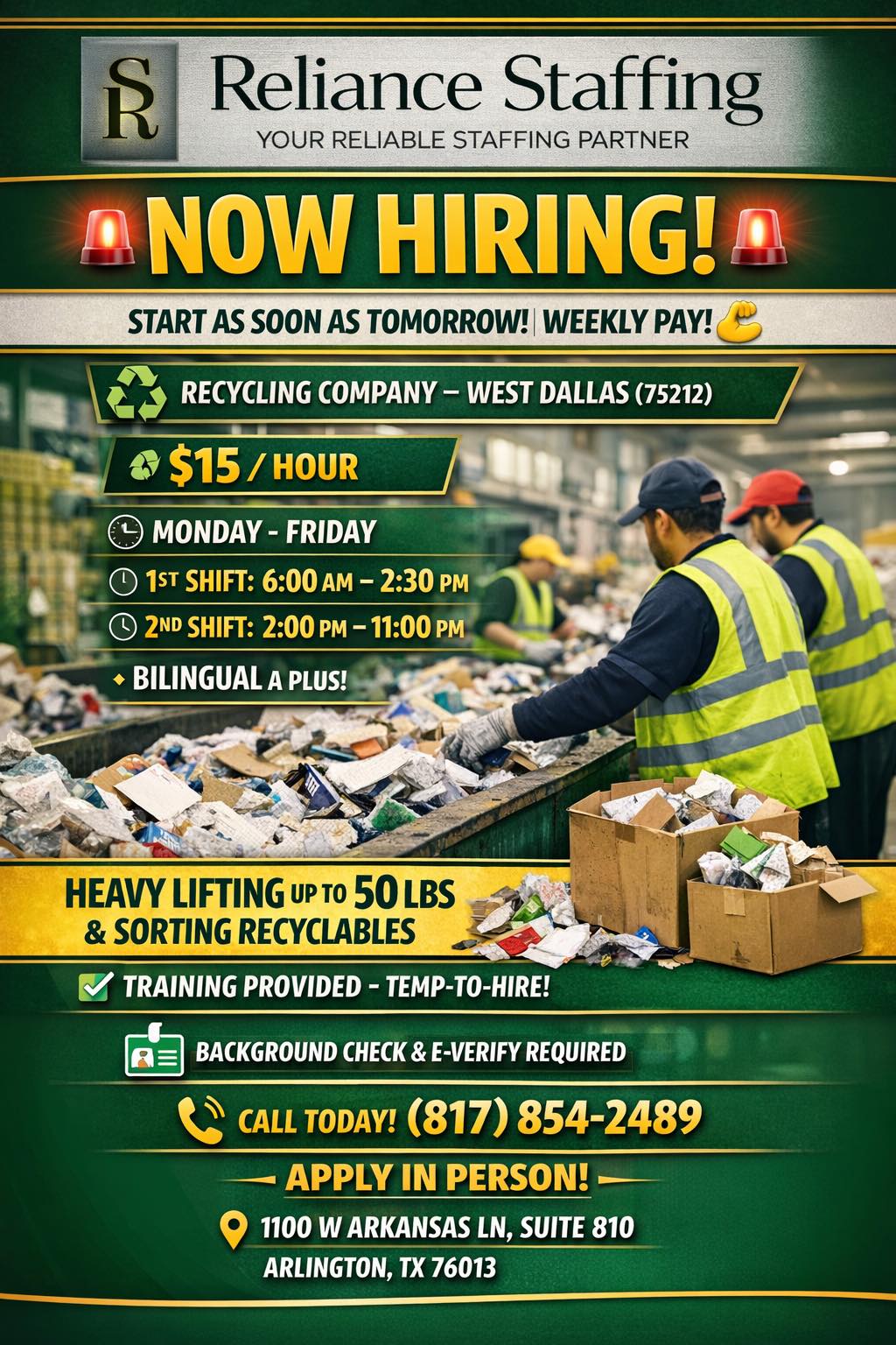 Reliance Staffing. Se solicita personal (Reciclaje) - $15/h